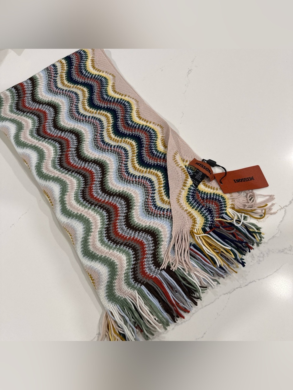 MISSONI Designer Zigzag pointelle knit wool blend Long scarf made in Italy New